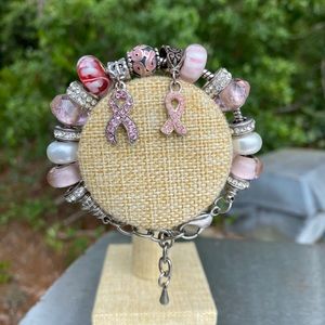 Pink and White Breast Cancer Awareness Charm Bracelet